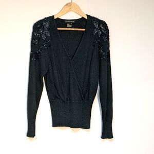 Vintage Counterparts Black Silk Blend V-Neck w/ Beads & Sequins Embellishment, M